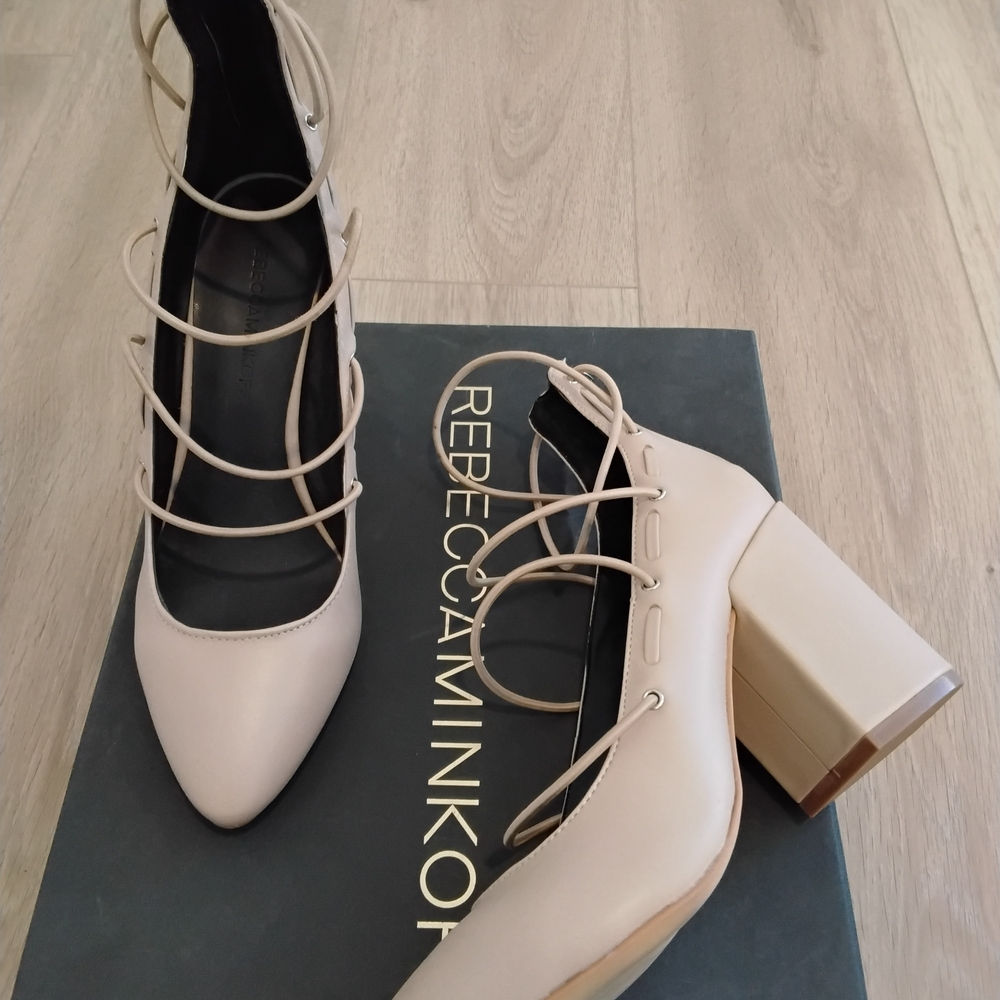 Rebecca Minkoff Lexi Heels | Women's 7 | Nude Chunky Heel | Good Condition w Box